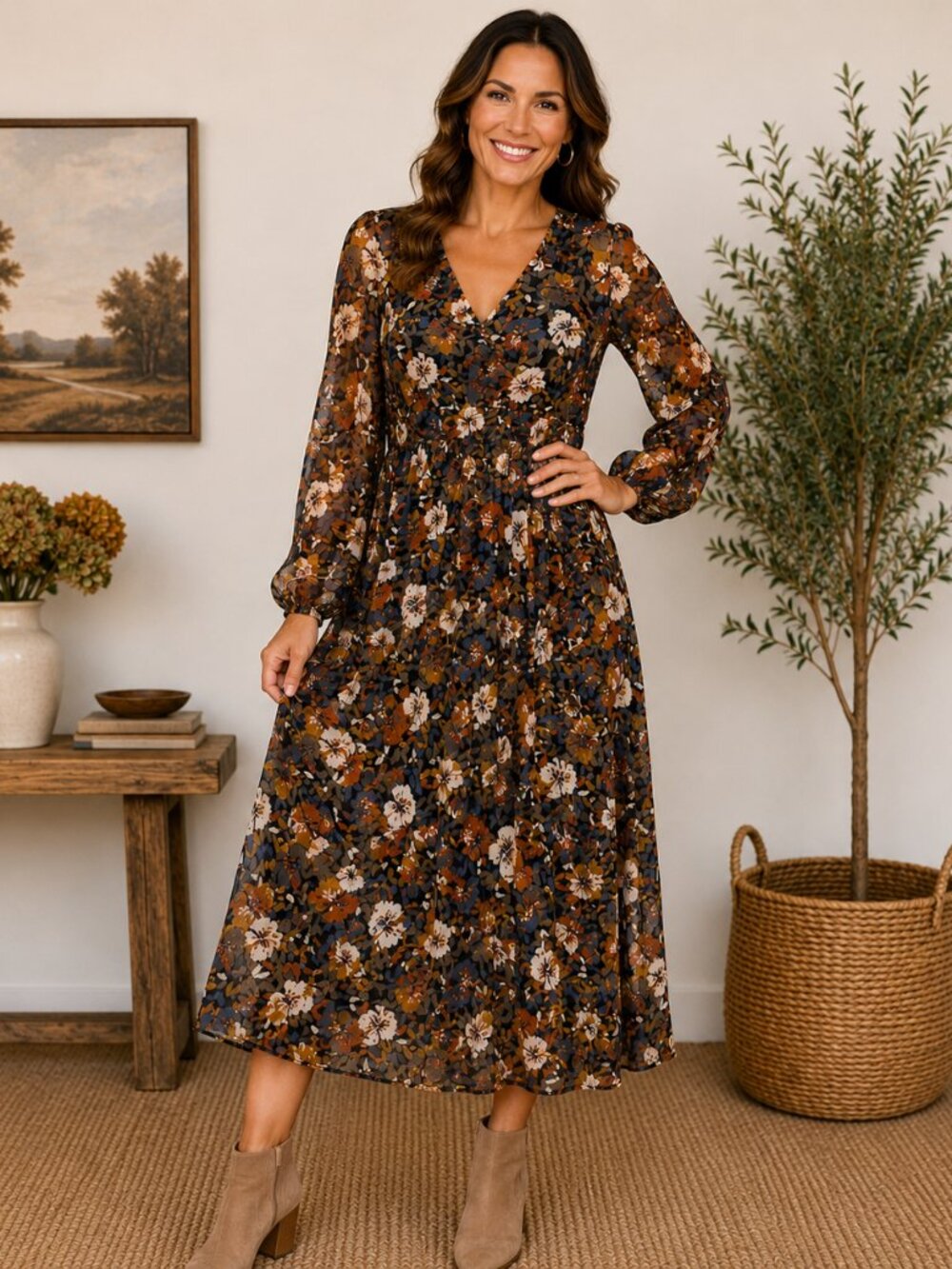 Boho Floral Maxi Dress Size Large Lined Long Sleeve Fall Cottagecore
